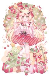 Rule 34 | 1girl, ^^^, absurdres, asymmetrical legwear, bell, black bow, blonde hair, blush, boots, bow, bow legwear, bowtie, bridal garter, buttons, candy, candy cane, cat, center frills, chocolate, christmas, christmas tree, collared shirt, cookie, eyelashes, flower, food, footwear bow, frilled garter, frilled sailor collar, frilled wristband, frills, full body, fur bracelet, fur trim, gift, gingerbread man, green bow, green bowtie, green eyes, green garter, hair bow, hair ornament, hairclip, hand to own mouth, hands up, highres, leaf hair ornament, leg up, long hair, long sleeves, looking at viewer, low twintails, miniskirt, mistletoe hair ornament, multicolored bow, multiple hair bows, notice lines, open mouth, original, polka dot socks, pom pom (clothes), procreate (medium), red bow, red footwear, red sailor collar, red skirt, red socks, red wristband, sailor collar, shirt, single thighhigh, skirt, sleeve garter, smile, snow, socks, sparkle, star (symbol), starry background, striped bow, striped clothes, striped skirt, teeth, thighhighs, tree, twintails, upper teeth only, waist bow, white background, white flower, white garter, white shirt, white thighhighs, wide sleeves, wreath, yukomeow