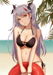 Rule 34 | 1girl, azur lane, bare arms, bare shoulders, beach, bikini, black bikini, black bow, blurry, blurry background, bow, breasts, commentary, contrapposto, cowboy shot, cross, day, depth of field, earrings, grey hair, hair bow, head tilt, highres, innertube, iron cross, jewelry, large breasts, long hair, looking at viewer, multicolored hair, navel, ocarino, orange eyes, outdoors, palm tree, prinz eugen (azur lane), side-tie bikini bottom, skin tight, solo, standing, streaked hair, swim ring, swimsuit, tree, twintails, two side up, v arms