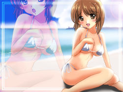 Rule 34 | 10s, 1girl, beach, bikini, blackjunk, blush, breasts, brown eyes, brown hair, cleavage, cloud, cloudy sky, day, girls und panzer, highres, lens flare, looking at viewer, medium breasts, nishizumi miho, open mouth, outdoors, short hair, side-tie bikini bottom, sitting, sky, smile, solo, swimsuit, white bikini, zoom layer