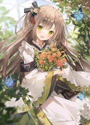 Rule 34 | 1girl, apron, armband, bouquet, brown hair, bug, butterfly, cowboy shot, floral print, flower, frilled apron, frills, girls&#039; frontline neural cloud, green eyes, green kimono, hair flower, hair ornament, hairclip, highres, holding, holding bouquet, insect, japanese clothes, kimono, long hair, long sleeves, looking at viewer, open mouth, sakuya (neural cloud), smile, solo, weri, wide sleeves