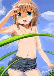 Rule 34 | 1girl, azuse neko, blonde hair, blue eyes, censored, cloud, convenient censoring, day, flat chest, highres, hot, long hair, navel, open mouth, shorts, sky, solo, summer, sweat, tongue, topfreedom, topless, wavy hair