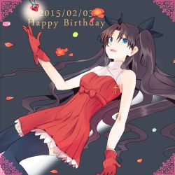 Rule 34 | 1girl, black hair, blue eyes, brown hair, cross, cross necklace, dress, fate/stay night, fate (series), gloves, jewelry, kino hazuki, long hair, necklace, red dress, solo, thighhighs, tohsaka rin, two side up, very long hair