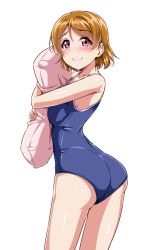 Rule 34 | 10s, 1girl, ass, blue one-piece swimsuit, blush, breasts, brown hair, closed mouth, commentary request, from behind, koizumi hanayo, looking at viewer, looking back, love live!, love live! school idol project, medium breasts, hugging object, one-piece swimsuit, pillow, pillow hug, purple eyes, school swimsuit, shiny clothes, shiny skin, short hair, simple background, smile, solo, swimsuit, white background, yopparai oni