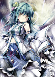 1girl bare_shoulders black_gloves blue_hair brown_eyes detached_sleeves female_focus fingerless_gloves frog_hair_ornament full_moon gloves hair_ornament highres kai_yuuki kochiya_sanae long_hair looking_at_viewer moon shirt skirt skirt_set snake_hair_ornament solo touhou very_long_hair