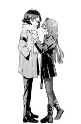 Rule 34 | 2girls, adjusting another&#039;s clothes, blush, boots, braid, closed eyes, female commander (girls&#039; frontline), french braid, from side, full body, girls&#039; frontline, harafrontline, height difference, highres, long hair, monochrome, multiple girls, open mouth, pants, pantyhose, scarf, shoes, short hair, wa2000 (girls&#039; frontline), white background