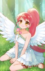 Rule 34 | 1girl, angel, angel wings, bare shoulders, between legs, closed mouth, commentary request, day, dress, feathered wings, flower, forest, full body, hand between legs, highres, jinno (jin c kkry), long hair, looking at viewer, nature, on grass, outdoors, pink flower, pink rose, ponytail, pretty series, pripara, red hair, ribbon, rose, sandals, shiratama mikan, sidelocks, sitting, smile, solo, sunlight, tree, very long hair, wariza, white dress, white ribbon, white wings, wings, yellow eyes