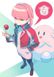 Rule 34 | 1girl, absurdres, akimitsu611, blue eyes, blunt bangs, chansey, closed mouth, commentary request, creatures (company), dress, earrings, game freak, gen 1 pokemon, hand in pocket, highres, jacket, jewelry, long sleeves, mollie (pokemon), nintendo, open clothes, open jacket, pantyhose, pink hair, poke ball, poke ball (basic), pokemon, pokemon (anime), pokemon (creature), pokemon horizons, shoes, smile, split mouth, spoken character, standing