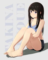 Rule 34 | 1girl, absurdres, bad id, bad pixiv id, barefoot, black hair, black shorts, blue bra, bra, breasts, character name, cleavage, collarbone, commentary request, feet, highres, inoue takina, long hair, looking back, lycoris recoil, purple eyes, shadow, shorts, sitting, solo, tbear, underwear