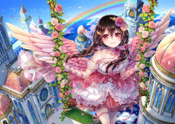 Rule 34 | 1girl, absurdres, arm ribbon, artist name, artist request, bare legs, bare shoulders, bell, black hair, blue sky, blush, bow, breasts, city, cloud, collar, dress, female focus, floating hair, flower, frilled dress, frills, hair bow, hair flower, hair ornament, highres, kkying2008, kogane kam, leg ribbon, looking at viewer, love live!, love live! school idol project, outdoors, parted lips, pink collar, pink dress, pink skirt, pink wings, raibow, realm of wolf deity, red eyes, ribbon, short hair, skirt, sky, small breasts, smile, solo, tower, twintails, white dress, white wings, wing hair ornament, wings, yazawa nico