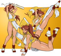 Rule 34 | 1girl, absurdres, alternate color, arm guards, ass, bare shoulders, blush, breasts, brown eyes, brown hair, cleavage, fatal fury, female focus, folded fan, folding fan, hand fan, high ponytail, highres, holding, holding fan, japanese clothes, large breasts, long hair, looking at viewer, mergeritter, multiple views, ninja, pelvic curtain, ponytail, revealing clothes, rope, shiranui mai, sideboob, simple background, smile, snk, solo, tan, the king of fighters, thighs, watermark