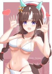 Rule 34 | 1girl, absurdres, animal ears, black hair, blush, braid, breasts, character name, cleavage, commentary request, highres, hokko tarumae (umamusume), horse ears, horse girl, large breasts, looking at viewer, navel, open mouth, purple eyes, simple background, solo, steaming body, swimsuit, twin braids, twitter username, umamusume, unicorndd123, waving