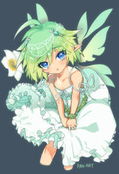 Rule 34 | 1boshi, 1girl, ahoge, bare shoulders, blue background, blue eyes, bracelet, cropped legs, dress, echo (housamo), english text, fairy, fairy wings, flower, frilled dress, frills, green hair, hair between eyes, head chain, jewelry, leaf bracelet, looking at viewer, medium hair, parted lips, pointy ears, ribbon, sidelocks, simple background, solo, spaghetti strap, tokyo houkago summoners, white dress, white ribbon, wings