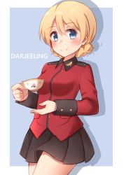 Rule 34 | 10s, 1girl, bad id, bad pixiv id, black skirt, blonde hair, blue background, blue eyes, braid, character name, closed mouth, cowboy shot, cup, darjeeling (girls und panzer), epaulettes, girls und panzer, highres, holding, jacket, kapatarou, long sleeves, looking at viewer, military, military jacket, military uniform, miniskirt, outside border, pleated skirt, red jacket, shadow, short hair, skirt, smile, solo, st. gloriana&#039;s military uniform, swept bangs, teacup, thighs, twin braids, uniform