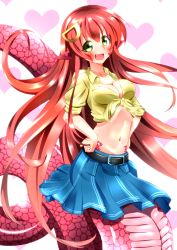 Rule 34 | 10s, 1girl, absurdres, blush, breasts, cleavage, commentary request, fang, front-tie top, hair ornament, hairclip, heart, heart background, highres, lamia, long hair, miia (monster musume), monster girl, monster musume no iru nichijou, navel, pengin maru, pointy ears, red hair, scales, shirt, simple background, skirt, slit pupils, solo, tied shirt, yellow eyes