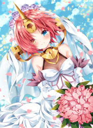 Rule 34 | 1girl, blue eyes, blue sky, bouquet, breasts, bridal veil, brown eyes, cleavage, cloud, day, dress, elbow gloves, fate/apocrypha, fate (series), flower, frankenstein&#039;s monster (fate), gloves, hair flower, hair ornament, heterochromia, holding, holding bouquet, horns, looking at viewer, nogi takayoshi, petals, pink hair, rose, see-through, see-through cleavage, short hair, single horn, sky, sleeveless, sleeveless dress, small breasts, smile, solo, veil, wedding dress, white dress, white gloves