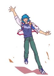 Rule 34 | 1boy, absurdres, arm up, blue hair, blue shirt, bruno (yu-gi-oh!), closed eyes, commentary request, facing viewer, full body, green pants, high collar, highres, jacket, male focus, open clothes, open jacket, open mouth, pants, running, shirt, shoes, short hair, simple background, sleeves rolled up, smile, sneakers, solo, t-shirt, waving, white background, white footwear, youko-shima, yu-gi-oh!, yu-gi-oh! 5d&#039;s
