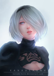 Rule 34 | absurdres, black dress, black hairband, blue eyes, breasts, cleavage, cleavage cutout, clothing cutout, dress, face, facing viewer, hairband, highres, juliet sleeves, kanade kana, long sleeves, mole, mole under mouth, nier (series), nier:automata, pink lips, puffy sleeves, silver hair, solo, 2b (nier:automata)