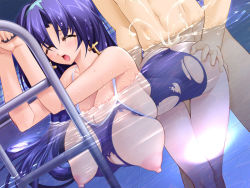 Rule 34 | 1boy, 1girl, ass, ass grab, bent over, blush, breasts, clothed sex, cross, cum, earrings, closed eyes, game cg, gigantic breasts, gunner-l, hanging breasts, hetero, jewelry, ladder, long hair, nipples, open mouth, pool, purple hair, red eyes, sawara miho, sex, swimsuit, torn clothes, tsuri baka