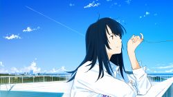 Rule 34 | 1girl, black eyes, black hair, blue sky, city, closed mouth, cloud, collared shirt, commentary request, day, hand up, highres, long hair, long sleeves, loundraw, original, outdoors, pinky out, railing, rooftop, shirt, signature, sky, smile, solo, string, string of fate, white shirt, wing collar