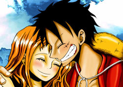 Rule 34 | 1boy, 1girl, black hair, blush, clenched teeth, collarbone, day, eyebrows, eyelashes, gingiva, hand on another&#039;s shoulder, hat, hetero, monkey d. luffy, nami (one piece), one piece, orange hair, red shirt, scar, shirt, sky, smile, straw hat, teeth, zippi44