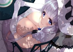 Rule 34 | 1girl, azur lane, blue eyes, blunt bangs, breasts, chair, cleavage, dappled sunlight, day, detached collar, downblouse, dress, elbow gloves, from above, gloves, illustrious (azur lane), large breasts, long hair, looking at viewer, looking up, low twintails, outdoors, own hands together, parted lips, plate, silver hair, sitting, smile, solo, strapless, strapless dress, sunlight, table, thighhighs, twintails, very long hair, wee (weeyy), white dress, white gloves, white headwear, white thighhighs