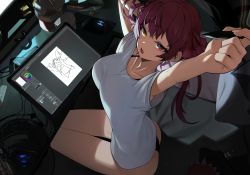 Rule 34 | 1girl, absurdres, armpits, arms up, bad id, bad twitter id, blouse, breasts, cup ramen, drawing tablet, fang, foreshortening, heterochromia, highres, hololive, houshou marine, imitating, large breasts, long hair, looking at viewer, open mouth, panties, red eyes, red hair, shirt, sitting, sketch, solo, stretching, stylus, tears, thighs, tktonki, tonki, underwear, virtual youtuber, white shirt, yellow eyes