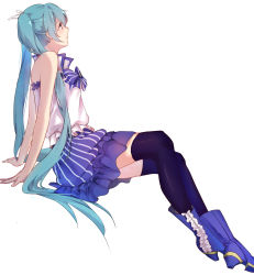 Rule 34 | 1girl, absurdres, aqua eyes, aqua hair, arm support, bare shoulders, black thighhighs, blue skirt, boots, bow, frilled boots, frills, from side, hatsune miku, highres, invisible chair, long hair, sisi (pixiv18753872), sitting, skirt, solo, thighhighs, twintails, very long hair, vocaloid, white background, zettai ryouiki