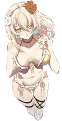 Rule 34 | 1girl, absurdres, arm behind back, bad id, bad twitter id, bare shoulders, bikini, blonde hair, blush, breasts, collarbone, e sky rugo, flower, from above, front-tie bikini top, front-tie top, girls&#039; frontline, hair flower, hair ornament, hairband, hand on back, hand on breast, highres, long hair, looking at viewer, medium breasts, navel, open mouth, ribbon, solo, standing, swimsuit, white background, x95 (girls&#039; frontline), yellow bikini, yellow eyes