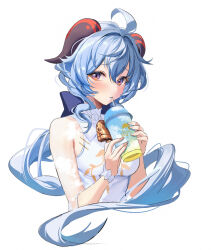 Rule 34 | 1girl, ahoge, alternate costume, blue hair, china dress, chinese clothes, commentary request, cup, disposable cup, dress, drinking, ganyu (genshin impact), ganyu (heytea) (genshin impact), genshin impact, holding, holding cup, horns, long hair, looking at viewer, mikan03 26, purple eyes, see-through, see-through sleeves, simple background, solo, upper body, very long hair, white background, white dress