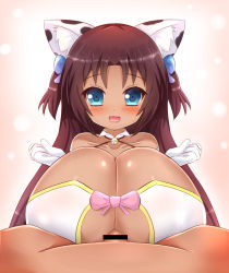 Rule 34 | 1girl, animal print, bare shoulders, bell, blue bow, blue eyes, blush, bow, breasts, breasts squeezed together, brown hair, cat girl, censored, cleavage, cleavage cutout, clothing cutout, collar, commission, commissioner upload, cow print, dark skin, dress, elbow gloves, fang, gloves, hair bow, hair ornament, halterneck, huge breasts, kane-neko, long hair, looking at viewer, naomi minette, open mouth, oppai loli, original, paizuri, paizuri under clothes, penis, petite, pink bow, pov, shiny skin, smile, solo focus, standing, tight clothes, two side up, upper body, wavy mouth, white gloves, wing collar