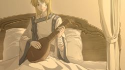 Rule 34 | 1boy, bad id, bad pixiv id, bandage over one eye, bandaged arm, bandages, bealphareth, bed, blanket, blonde hair, character request, closed mouth, collarbone, commentary request, curtains, day, harusame (rueken), holding, holding instrument, indoors, instrument, light smile, long hair, long sleeves, looking at viewer, lute (instrument), male focus, on bed, one eye covered, pillow, sitting, solo, sunlight, under covers, white curtains, wide sleeves