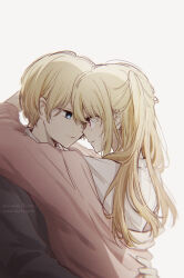 1boy 1girl blonde_hair blue_eyes brother_and_sister cardigan closed_mouth collared_shirt commentary couple eye_contact grey_sweater hair_between_eyes hetero highres hoshino_aquamarine hoshino_ruby hug incest long_hair long_sleeves looking_at_another one_side_up oshi_no_ko pink_cardigan pink_eyes rncchds shirt short_hair siblings sidelocks simple_background smile star-shaped_pupils star_(symbol) sweater symbol-shaped_pupils twincest twins twitter_username upper_body white_background white_shirt