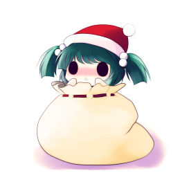 Rule 34 | 1girl, bag, blush, chibi, female focus, fur trim, green hair, hair bobbles, hair ornament, hat, in container, kisume, o o, sack, santa hat, simple background, solid oval eyes, solo, touhou, two side up, yume shokunin