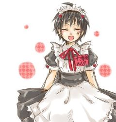 Rule 34 | 1girl, black hair, blush, closed eyes, female focus, genderswap, genderswap (mtf), lowres, luffyko, maid, monkey d. luffy, one piece, open mouth, short hair, smile, solo, white background