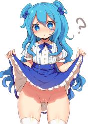 Rule 34 | 1girl, :o, ?, blue bow, blue eyes, blue hair, blue skirt, blush, bow, cleft of venus, clothes lift, commentary request, cowboy shot, facial mark, frilled skirt, frills, groin, hair between eyes, hair bow, lifted by self, long hair, no panties, nose blush, original, parted lips, puffy short sleeves, puffy sleeves, pussy, pussy juice, renoa yu, shirt, short sleeves, simple background, skirt, skirt lift, solo, standing, star-shaped pupils, star (symbol), star facial mark, striped clothes, striped shirt, symbol-shaped pupils, thighhighs, two side up, vertical-striped clothes, vertical-striped shirt, very long hair, white background, white shirt, white thighhighs