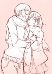 Rule 34 | 10s, 2girls, alternate costume, bad id, bad pixiv id, blush, casual, closed eyes, couple, denim, haguro (kancolle), hair ornament, hair ribbon, hairclip, height difference, ikarin, jacket, jeans, kantai collection, monochrome, multiple girls, myoukou (kancolle), pants, ribbon, scarf, shared clothes, shared scarf, short eyebrows, short hair, simple background, sketch, skirt, smile, yuri