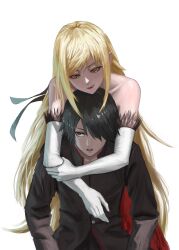 1boy 1girl absurdres araragi_koyomi black_hair blonde_hair couple gakuran highres hug kiss-shot_acerola-orion_heart-under-blade long_hair mature_female monogatari_(series) naoetsu_high_school_uniform oshino_shinobu ryo_(r9030397) school_uniform simple_background yellow_eyes