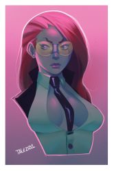 Rule 34 | 1girl, alternate hairstyle, breasts, capcom, cleavage, conto, crimson viper, hair down, necktie, open clothes, open shirt, red hair, shirt, solo, street fighter, street fighter iv (series), sunglasses, upper body