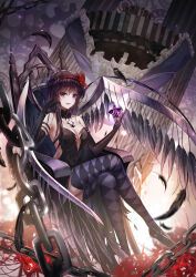 1girl :d akemi_homura akuma_homura argyle_clothes argyle_thighhighs armchair bare_shoulders black_dress black_gloves black_hair bottle bow breasts chain chair choker cleavage cleavage_cutout clothing_cutout crossed_legs dark_orb_(madoka_magica) dress elbow_gloves feathered_wings feathers flower gears gloves hair_between_eyes hair_bow hair_ribbon highres holding holding_bottle limit_x long_hair looking_at_viewer mahou_shoujo_madoka_magica mahou_shoujo_madoka_magica:_hangyaku_no_monogatari open_mouth perfume_bottle purple_eyes red_flower revision ribbon sitting smile solo spider_lily tattoo thighhighs walpurgisnacht_(madoka_magica) wings witch_(madoka_magica)