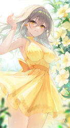 Rule 34 | 1girl, absurdres, armpits, backless dress, backless outfit, belt, bodysuit, bow, bow earrings, breasts, closed mouth, dress, ear ornament, earrings, eyeshadow, figure, flower, grey hair, hair between eyes, hair over shoulder, hand up, highres, honkai: star rail, honkai (series), jewelry, large breasts, light smile, lily (flower), long hair, long hair between eyes, looking down, looking to the side, makeup, no headwear, no socks, off-shoulder dress, off shoulder, orange bow, pistachiocream, rouge (makeup), sleeveless, sleeveless turtleneck, sleeveless turtleneck bodysuit, smile, standing, stelle (honkai: star rail), sunlight, trailblazer (honkai: star rail), turtleneck, turtleneck dress, white background, wind, yellow belt, yellow dress, yellow eyes, yellow theme