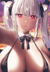 Rule 34 | 1girl, bikini, black bikini, blush, bow, bowtie, breasts, covered erect nipples, demon girl, detached collar, hair ornament, hair ribbon, highres, huge breasts, kirisaki shuusei, long hair, looking at viewer, open mouth, original, outstretched arm, reaching, reaching towards viewer, red eyes, ribbon, sky, slit pupils, solo, swimsuit, twilight, twintails, white hair