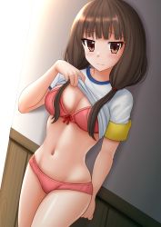Rule 34 | 1girl, against wall, alternate breast size, armband, blunt bangs, blush, bow, bow bra, bra, breasts, brown eyes, brown hair, closed mouth, clothes lift, commentary, cowboy shot, groin, gym shirt, hair over shoulder, hand up, highres, iino miko, indoors, kaguya-sama wa kokurasetai ~tensai-tachi no renai zunousen~, kazenokaze, lifted by self, long hair, looking at viewer, low twintails, medium breasts, navel, no pants, panties, pink bra, pink panties, shirt, shirt lift, short sleeves, solo, stomach, t-shirt, twintails, underwear, wavy mouth, white shirt
