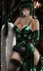 Rule 34 | 1girl, alternate costume, breasts, dress, earrings, elbow gloves, fubuki (one-punch man), fur trim, gloves, green eyes, green hair, jewelry, necklace, one-punch man, short hair, solo, thighhighs, wei (promise 0820)