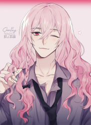 Rule 34 | 1boy, artist name, bishounen, black bow, black necktie, blush, bow, braid, character name, chen feng, chinese commentary, closed mouth, collarbone, collared shirt, commentary request, dated, dream mansion, hair between eyes, hair bow, hand up, long hair, long sleeves, looking at viewer, loose necktie, male focus, necktie, one eye closed, pink background, pink hair, purple shirt, red eyes, ru (famia), shirt, side braid, sidelocks, simple background, single braid, smile, solo, star (symbol), upper body