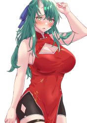 Rule 34 | 1girl, absurdres, arknights, bare arms, bare shoulders, black shorts, blue bow, blush, bow, breasts, ch&#039;en (ageless afterglow) (arknights), ch&#039;en (arknights), ch&#039;en (arknights) (cosplay), china dress, chinese clothes, cleavage, cleavage cutout, clothing cutout, cosplay, covered navel, cowboy shot, dress, female focus, green hair, grey eyes, hair between eyes, hair bow, highres, horns, hoshiguma (arknights), large breasts, long hair, looking at viewer, parted lips, pelvic curtain, red dress, short shorts, shorts, simple background, single horn, sleeveless, sleeveless dress, solo, standing, thigh strap, white background, zenmaimaru