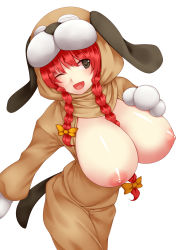 Rule 34 | 1girl, :d, animal costume, animal ears, between breasts, black eyes, bow, braid, breasts, breasts out, costume, dog ears, female focus, green eyes, hair between breasts, hair bow, hair over shoulder, highres, huge breasts, kaenbyou rin, long hair, nipples, one eye closed, open clothes, open mouth, original, red hair, shiny skin, simple background, smile, solo, symbol-shaped pupils, tail, touhou, tro (trombe), twin braids, white background, wink