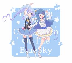Rule 34 | 10s, 1girl, bad id, bad pixiv id, blue background, blue eyes, blue hair, blue skirt, blue theme, blue thighhighs, blush, boots, brooch, character name, check (check book), crown, cure princess, dress, dual persona, earrings, english text, eyelashes, hair ornament, hair ribbon, happinesscharge precure!, happy, heart, heart brooch, high heels, jewelry, long hair, looking at viewer, matching hair/eyes, one eye closed, open mouth, precure, ribbon, shirayuki hime, shirt, shoes, skirt, smile, solo, standing, thighhighs, thighs, v, white background, white dress, wink, wrist cuffs, zettai ryouiki