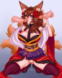 Rule 34 | 1girl, 2boys, animal ears, blue eyes, breasts, brown hair, bursting breasts, caleen keemosn, commission, eyeshadow, fellatio, flower, fox ears, fox girl, fox tail, hair flower, hair ornament, handjob, heart, heart-shaped pupils, highres, japanese clothes, kimono, large breasts, long hair, long sleeves, makeup, multiple boys, multiple penises, multiple tails, no panties, oral, penis, platform footwear, pussy, pussy juice, pussy juice drip, ranpuchan, runes, signature, squatting, star ocean, star ocean anamnesis, symbol-shaped pupils, tail, thick thighs, thighhighs, thighs, uncensored