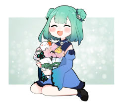 Rule 34 | 1girl, aqua background, blush, bottle, bouquet, bug, butterfly, carrot, closed eyes, double bun, ear piercing, eyepatch, fandead (uruha rushia), fang, fang out, flower, gradient hair, green hair, green ribbon, hair bun, hair ornament, hololive, insect, kintsuba (shiranui flare), knees together feet apart, medium hair, milk bottle, multicolored hair, open mouth, panda, piercing, piyoko (uruha rushia), ribbon, sakana (saka11205), seiza, simple background, sitting, skull hair ornament, smile, uruha rushia, uruha rushia (1st costume), virtual youtuber, wide sleeves