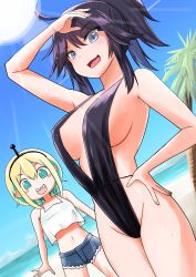 Rule 34 | 2girls, absurdres, ahoge, amano pikamee, arm up, bare shoulders, beach, bikini, black hair, black hairband, black one-piece swimsuit, black slingshot swimsuit, blonde hair, blue eyes, blue hair, breasts, commentary request, day, denim, denim shorts, glasses, green eyes, green hair, hair between eyes, hairband, highres, indie virtual youtuber, kson, large breasts, midriff, multicolored hair, multiple girls, navel, ondaroidandroid, one-piece swimsuit, open mouth, outdoors, palm tree, sharp teeth, shirt, short hair, short shorts, shorts, sky, slingshot swimsuit, smile, souchou, sun, swimsuit, tank top, teeth, tree, two-tone hair, virtual youtuber, voms, white tank top